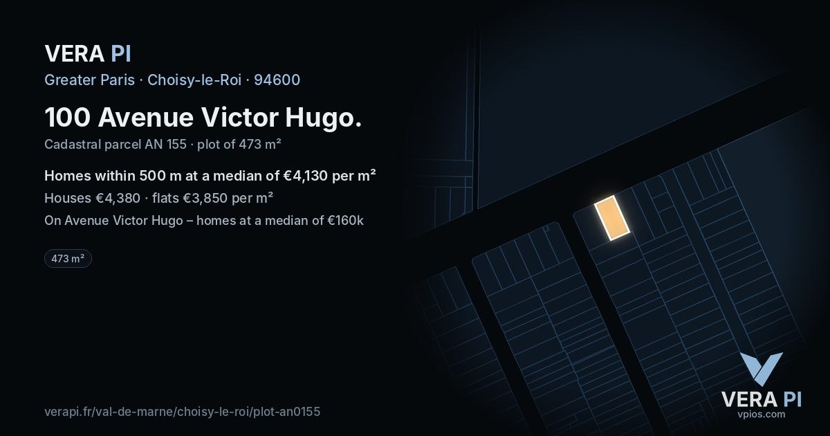 100 Avenue Victor Hugo, Choisy-le-Roi at night – the plot lit, the parcels around coloured by the prices near them