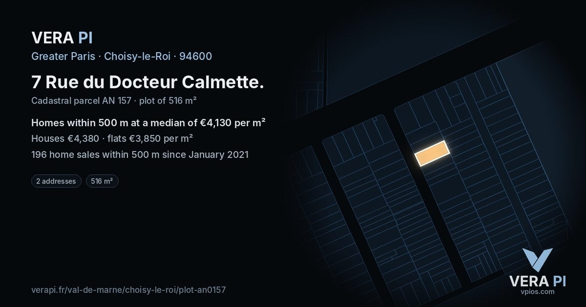 7 Rue du Docteur Calmette, Choisy-le-Roi at night – the plot lit, the parcels around coloured by the prices near them