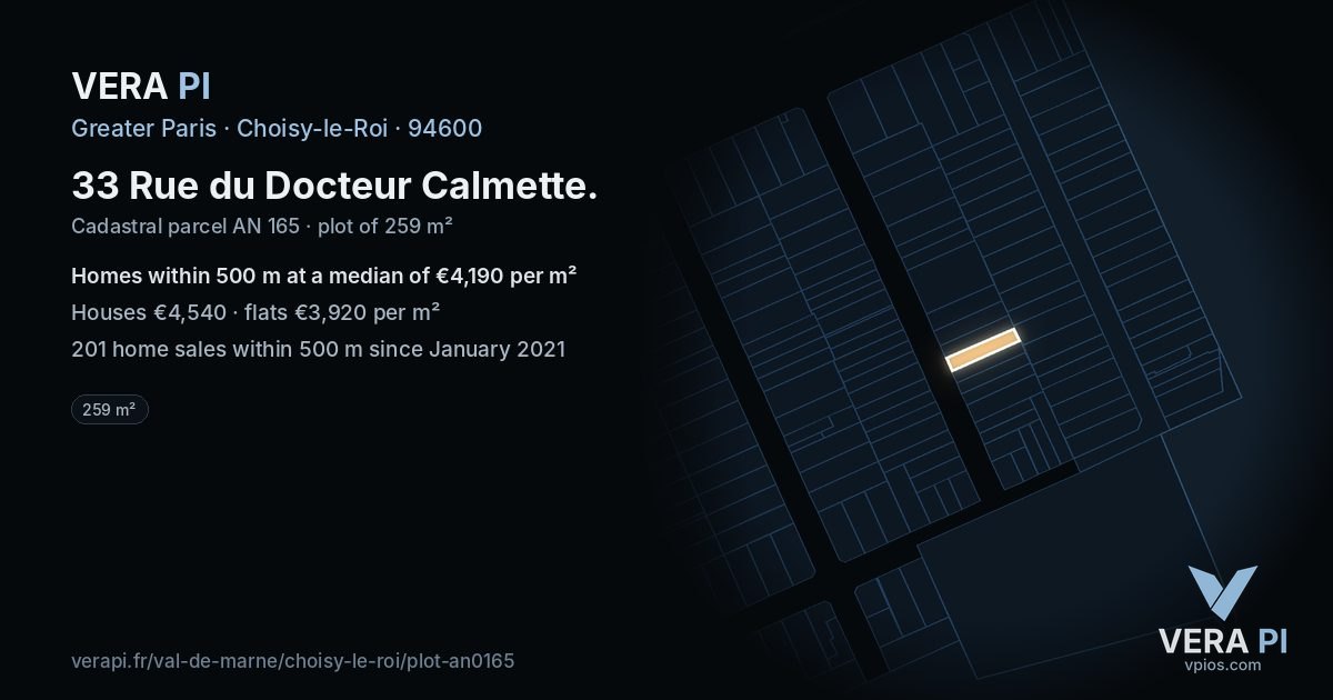 33 Rue du Docteur Calmette, Choisy-le-Roi at night – the plot lit, the parcels around coloured by the prices near them