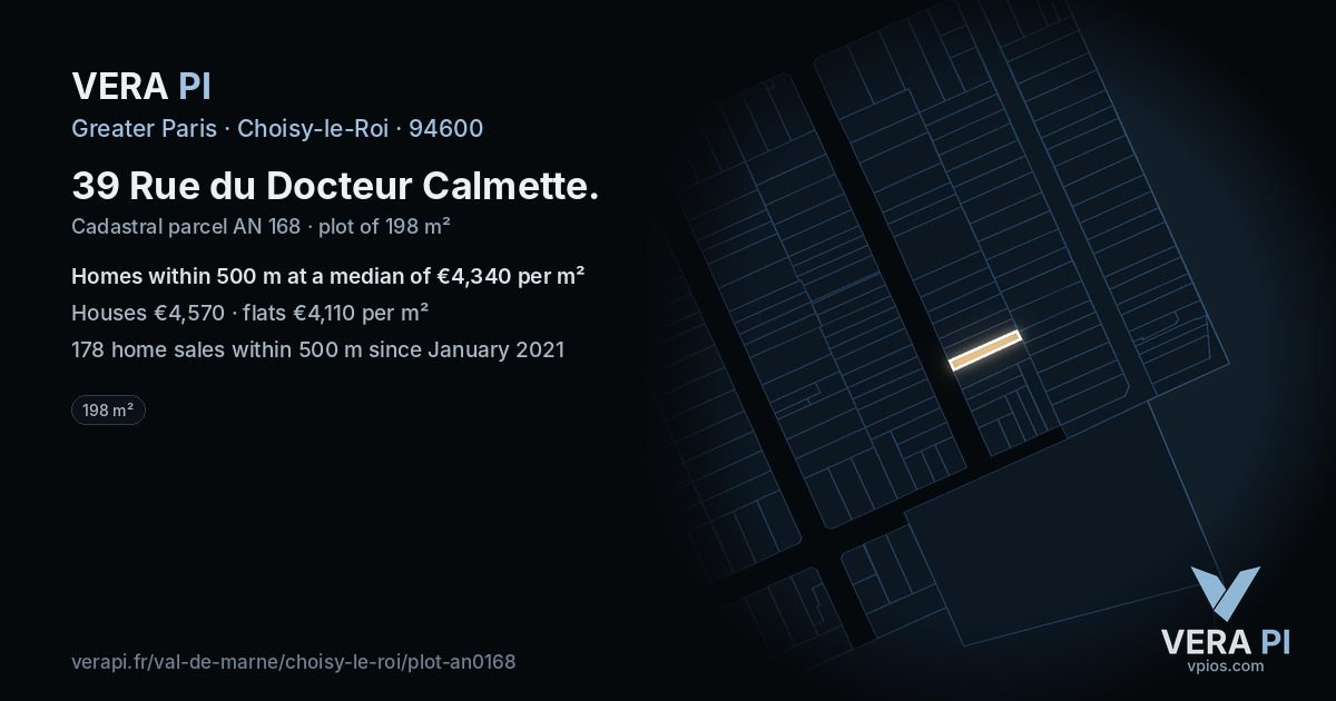 39 Rue du Docteur Calmette, Choisy-le-Roi at night – the plot lit, the parcels around coloured by the prices near them