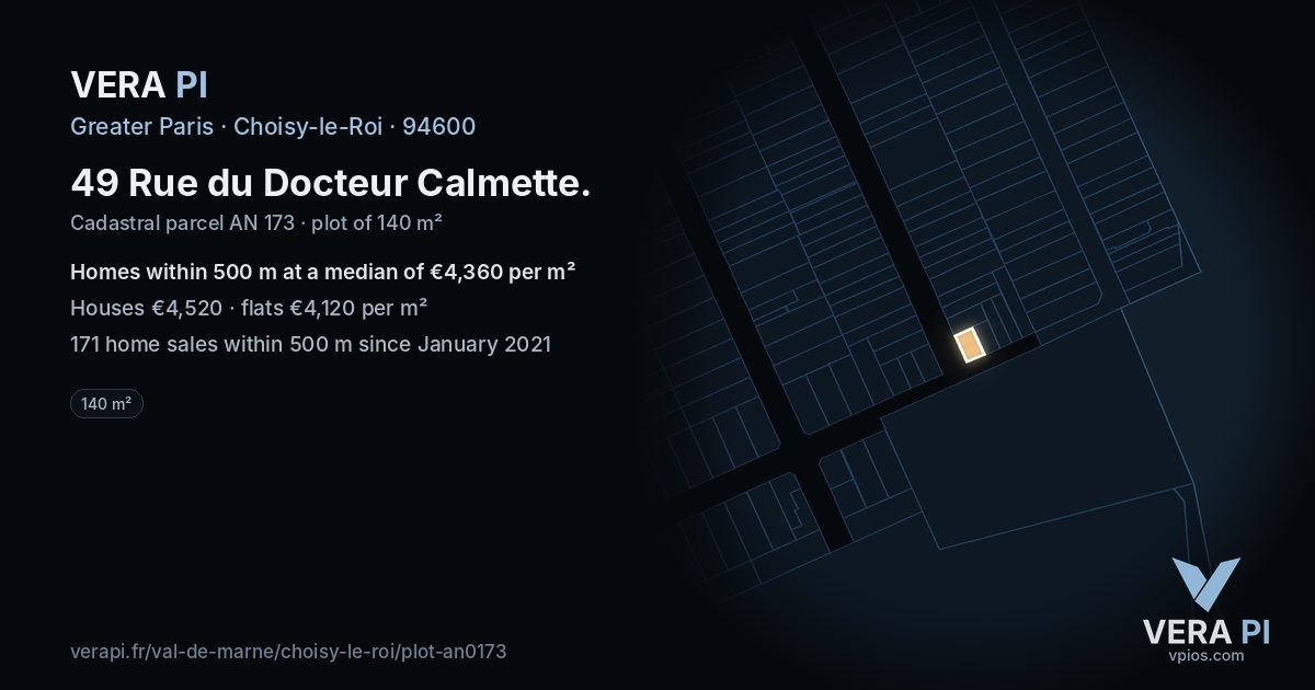 49 Rue du Docteur Calmette, Choisy-le-Roi at night – the plot lit, the parcels around coloured by the prices near them