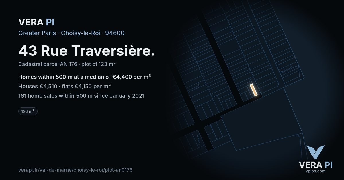 43 Rue Traversière, Choisy-le-Roi at night – the plot lit, the parcels around coloured by the prices near them