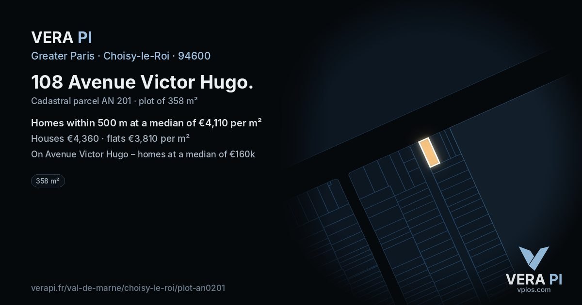 108 Avenue Victor Hugo, Choisy-le-Roi at night – the plot lit, the parcels around coloured by the prices near them