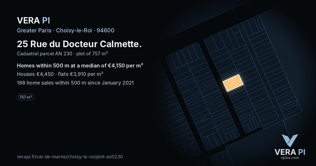 25 Rue du Docteur Calmette, Choisy-le-Roi at night – the plot lit, the parcels around coloured by the prices near them