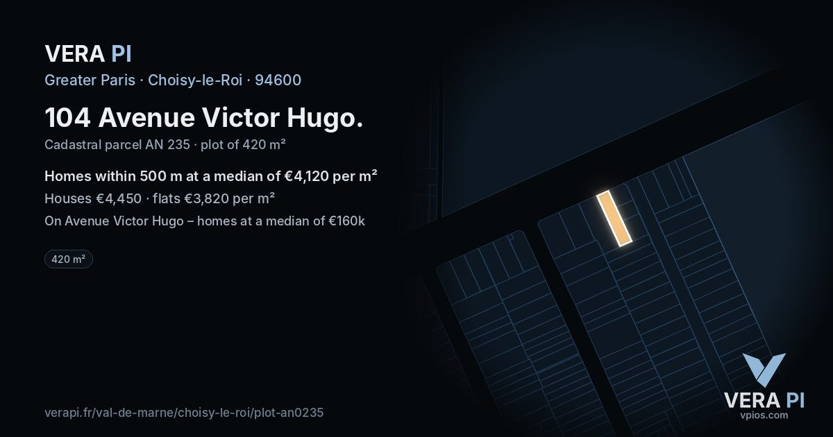104 Avenue Victor Hugo, Choisy-le-Roi at night – the plot lit, the parcels around coloured by the prices near them