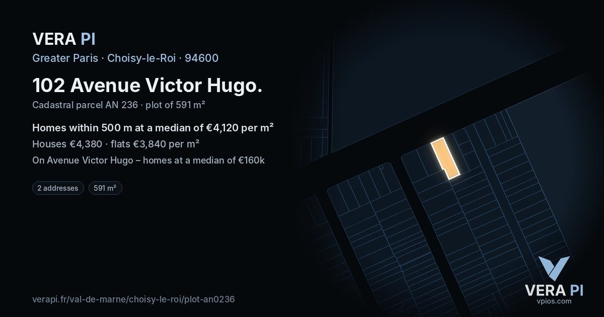 102 Avenue Victor Hugo, Choisy-le-Roi at night – the plot lit, the parcels around coloured by the prices near them