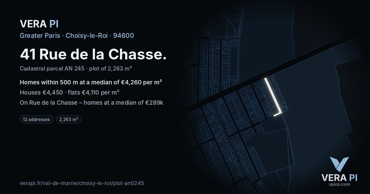 41 Rue de la Chasse, Choisy-le-Roi at night – the plot lit, the parcels around coloured by the prices near them