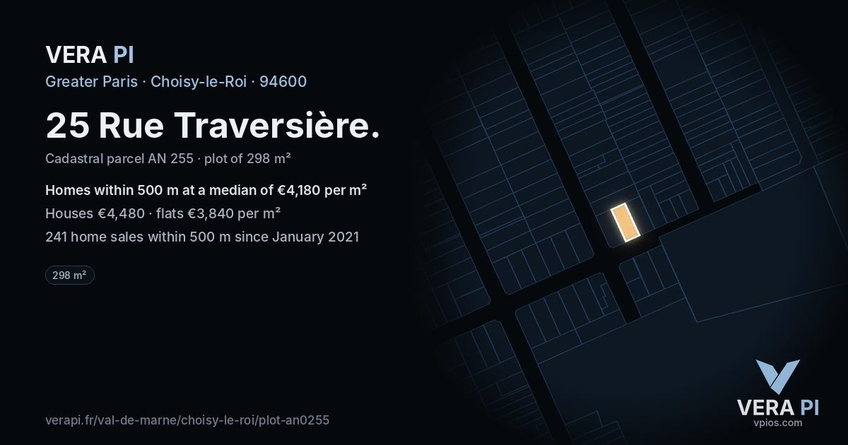 25 Rue Traversière, Choisy-le-Roi at night – the plot lit, the parcels around coloured by the prices near them