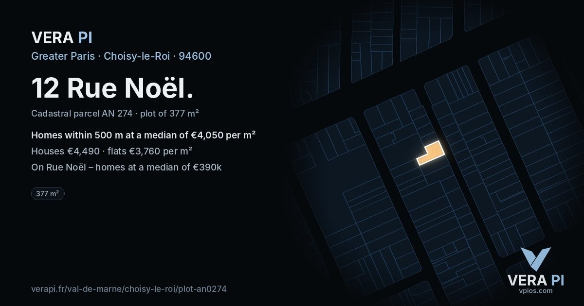 12 Rue Noël, Choisy-le-Roi at night – the plot lit, the parcels around coloured by the prices near them