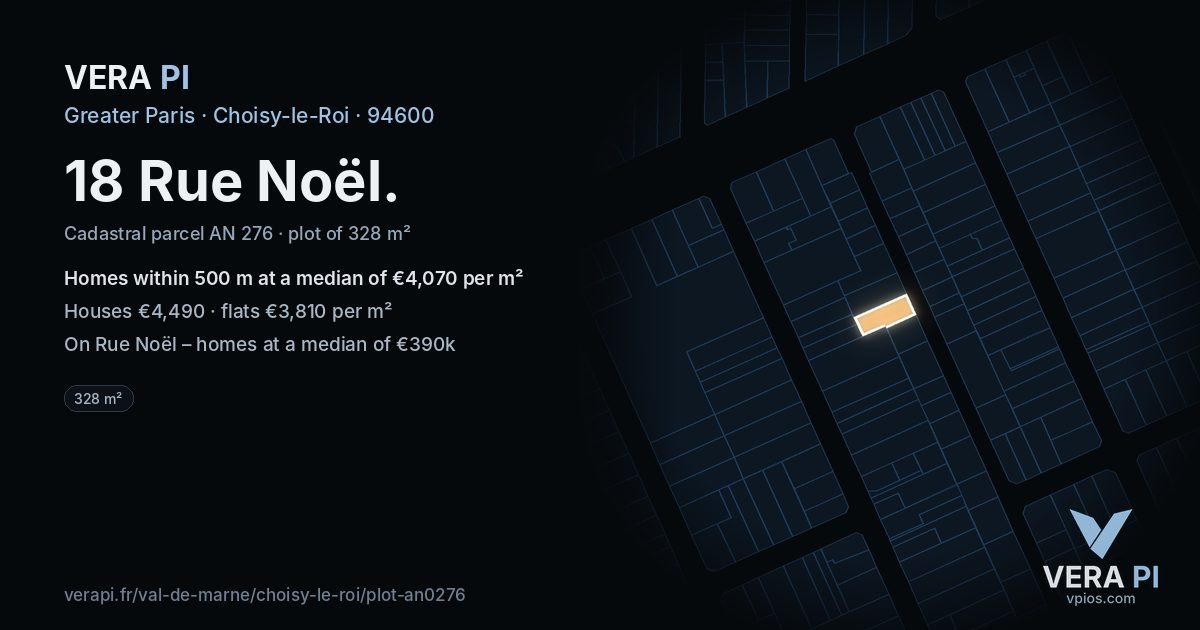 18 Rue Noël, Choisy-le-Roi at night – the plot lit, the parcels around coloured by the prices near them