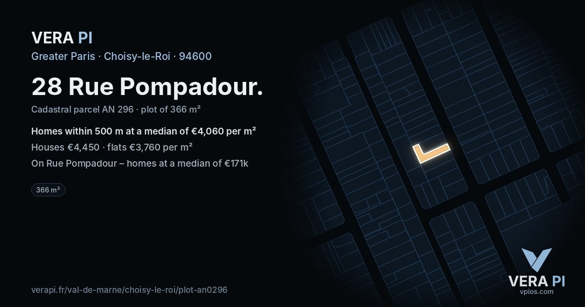 28 Rue Pompadour, Choisy-le-Roi at night – the plot lit, the parcels around coloured by the prices near them