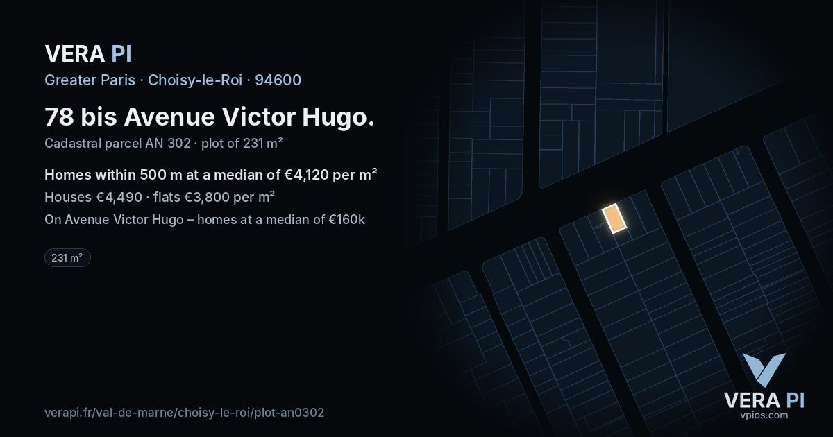 78 bis Avenue Victor Hugo, Choisy-le-Roi at night – the plot lit, the parcels around coloured by the prices near them