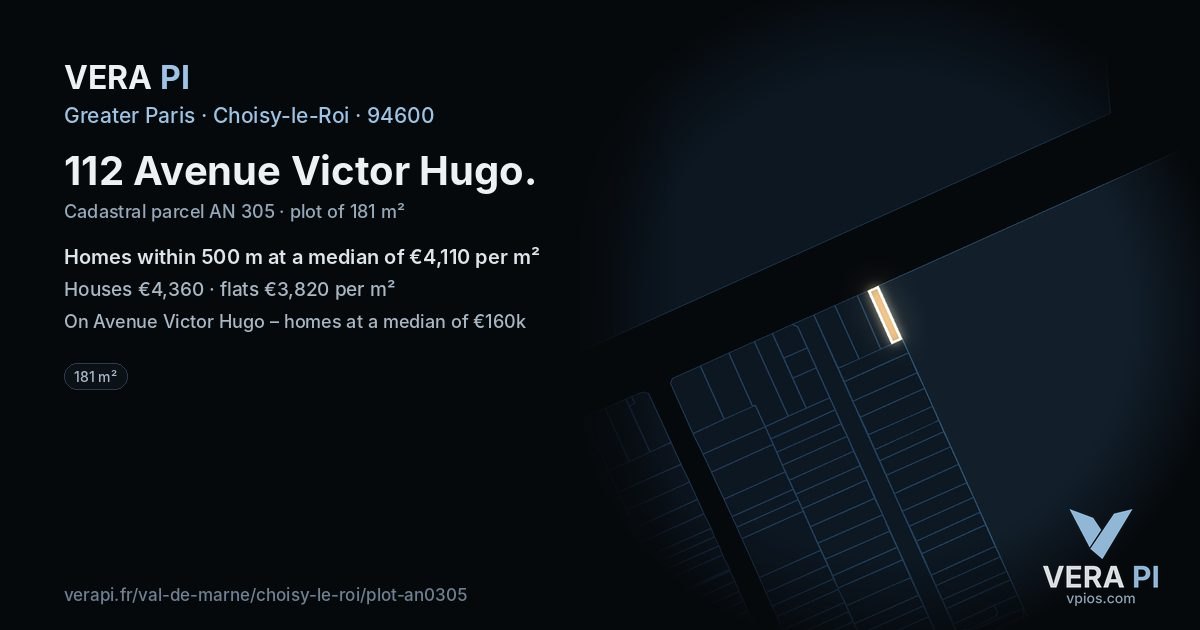 112 Avenue Victor Hugo, Choisy-le-Roi at night – the plot lit, the parcels around coloured by the prices near them
