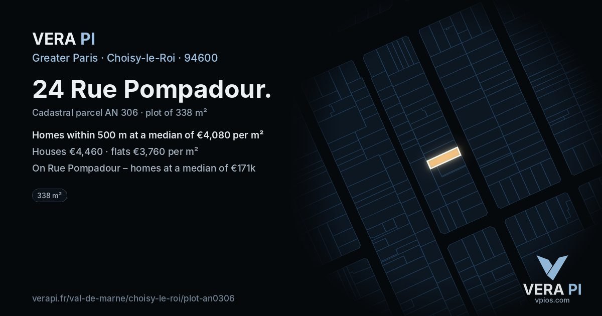 24 Rue Pompadour, Choisy-le-Roi at night – the plot lit, the parcels around coloured by the prices near them