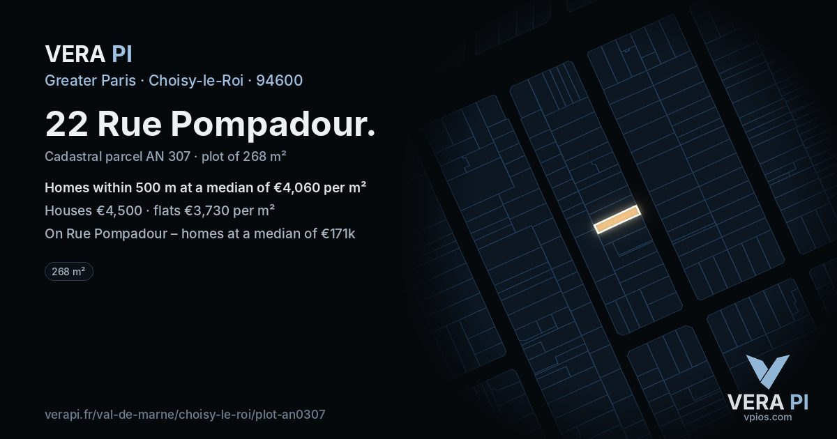 22 Rue Pompadour, Choisy-le-Roi at night – the plot lit, the parcels around coloured by the prices near them