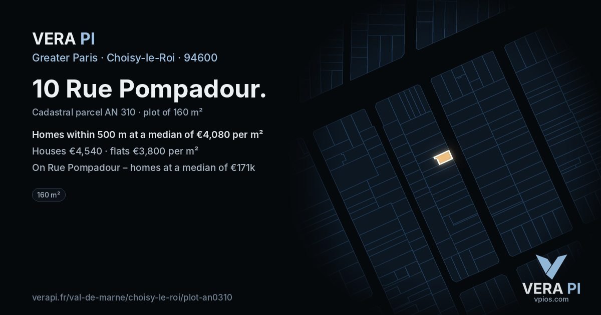 10 Rue Pompadour, Choisy-le-Roi at night – the plot lit, the parcels around coloured by the prices near them