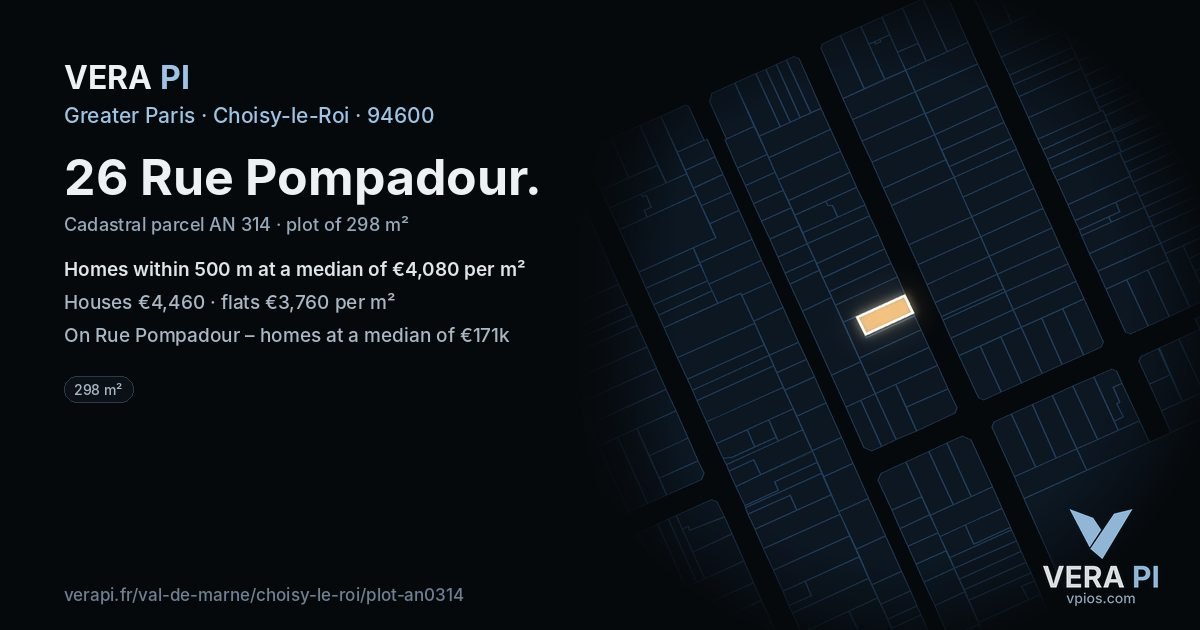 26 Rue Pompadour, Choisy-le-Roi at night – the plot lit, the parcels around coloured by the prices near them