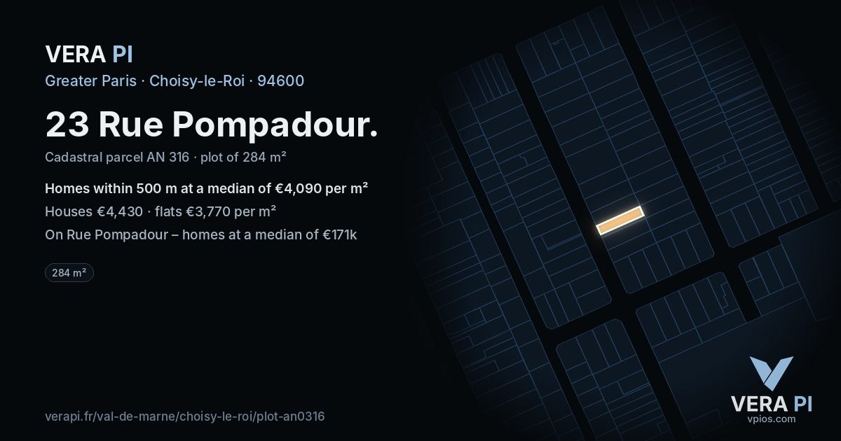 23 Rue Pompadour, Choisy-le-Roi at night – the plot lit, the parcels around coloured by the prices near them