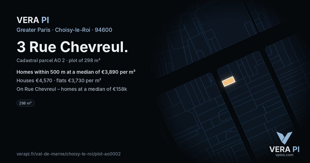 3 Rue Chevreul, Choisy-le-Roi at night – the plot lit, the parcels around coloured by the prices near them