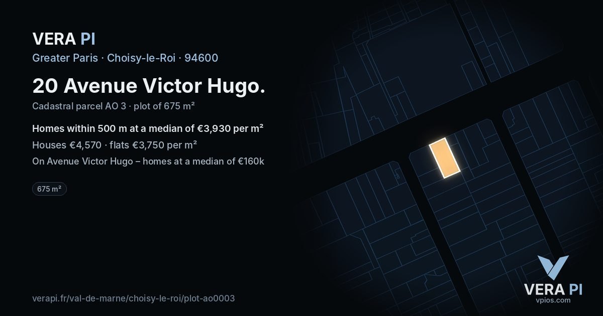20 Avenue Victor Hugo, Choisy-le-Roi at night – the plot lit, the parcels around coloured by the prices near them