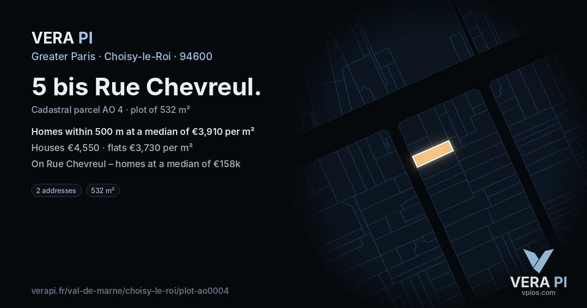 5 bis Rue Chevreul, Choisy-le-Roi at night – the plot lit, the parcels around coloured by the prices near them
