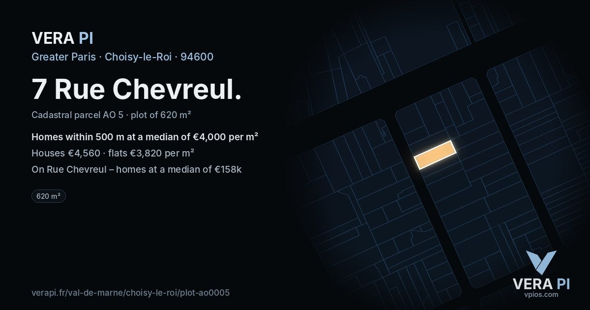 7 Rue Chevreul, Choisy-le-Roi at night – the plot lit, the parcels around coloured by the prices near them