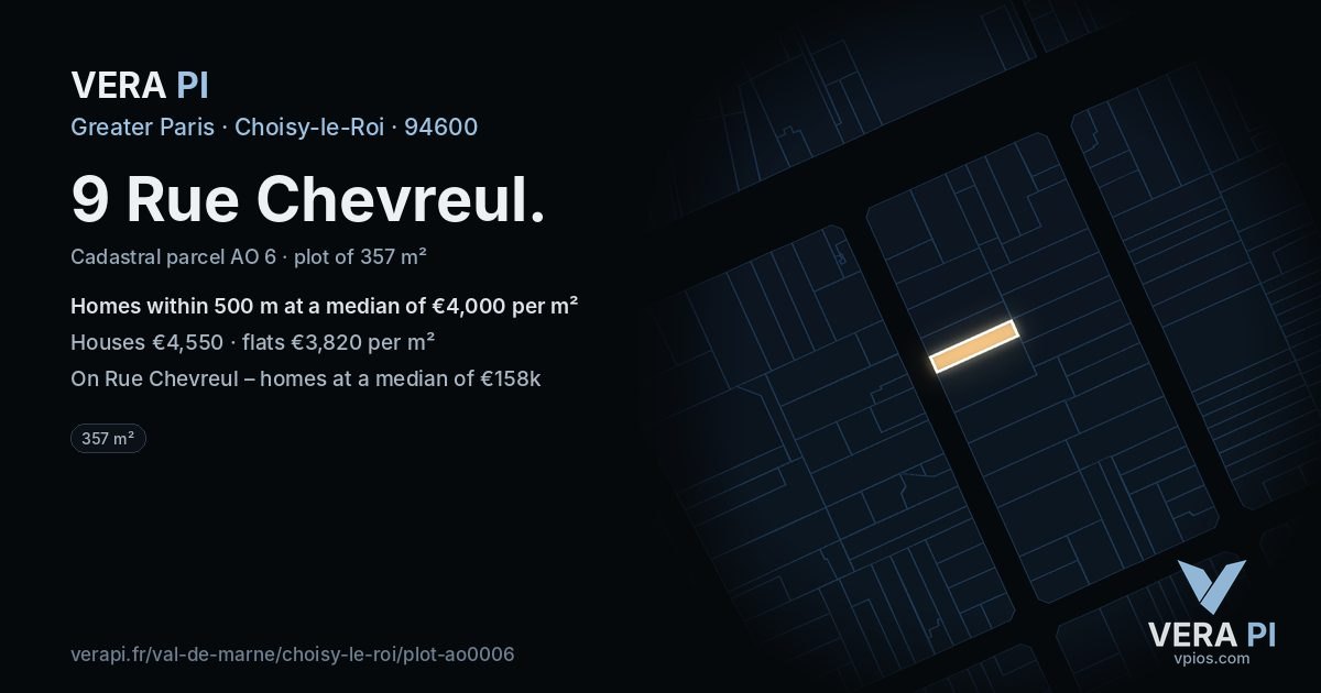 9 Rue Chevreul, Choisy-le-Roi at night – the plot lit, the parcels around coloured by the prices near them