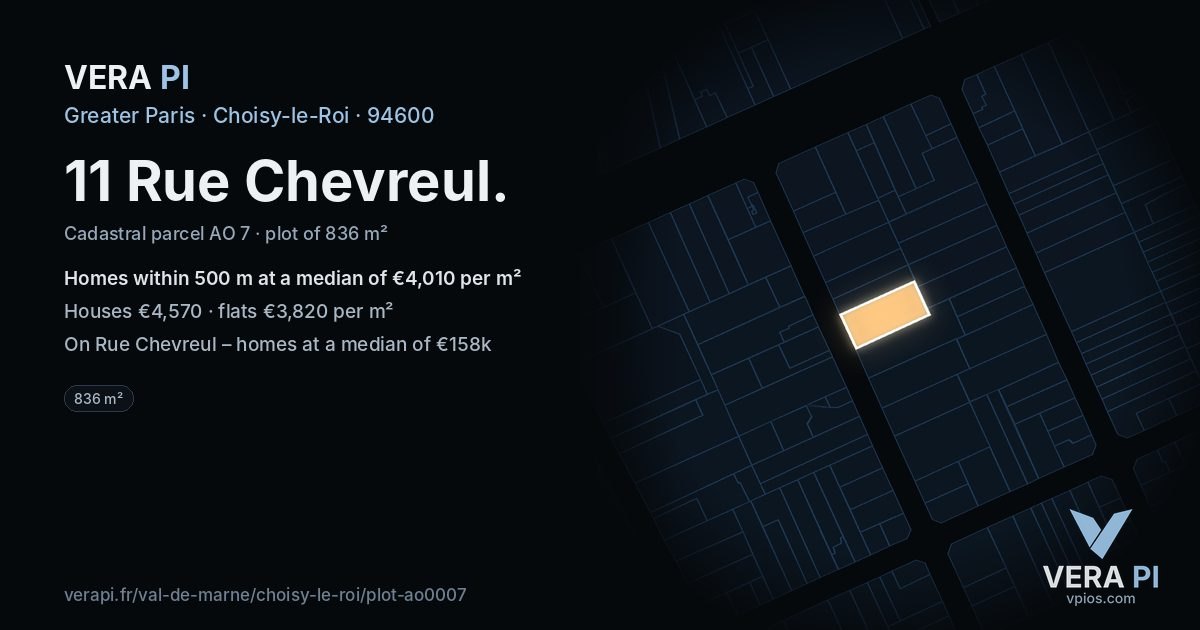 11 Rue Chevreul, Choisy-le-Roi at night – the plot lit, the parcels around coloured by the prices near them
