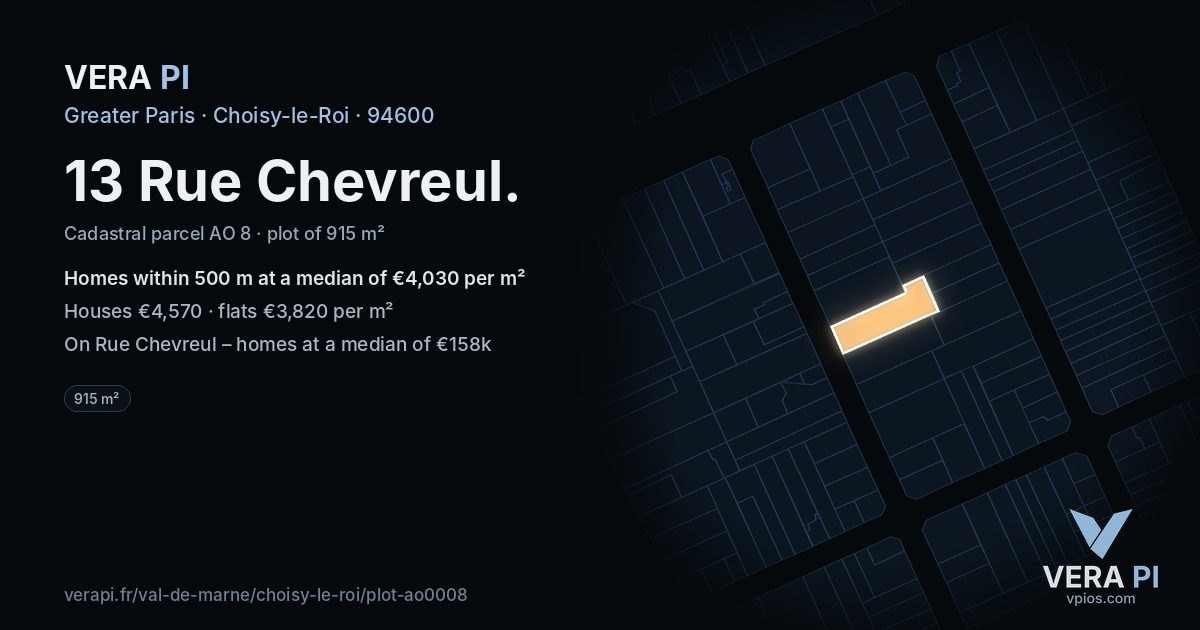13 Rue Chevreul, Choisy-le-Roi at night – the plot lit, the parcels around coloured by the prices near them