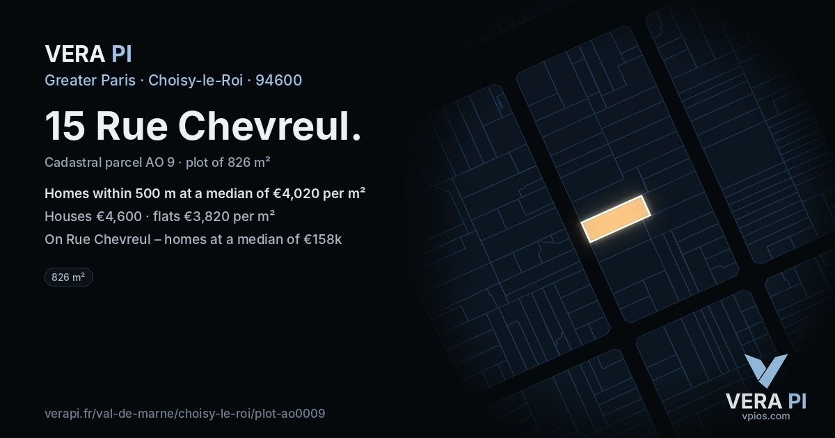 15 Rue Chevreul, Choisy-le-Roi at night – the plot lit, the parcels around coloured by the prices near them