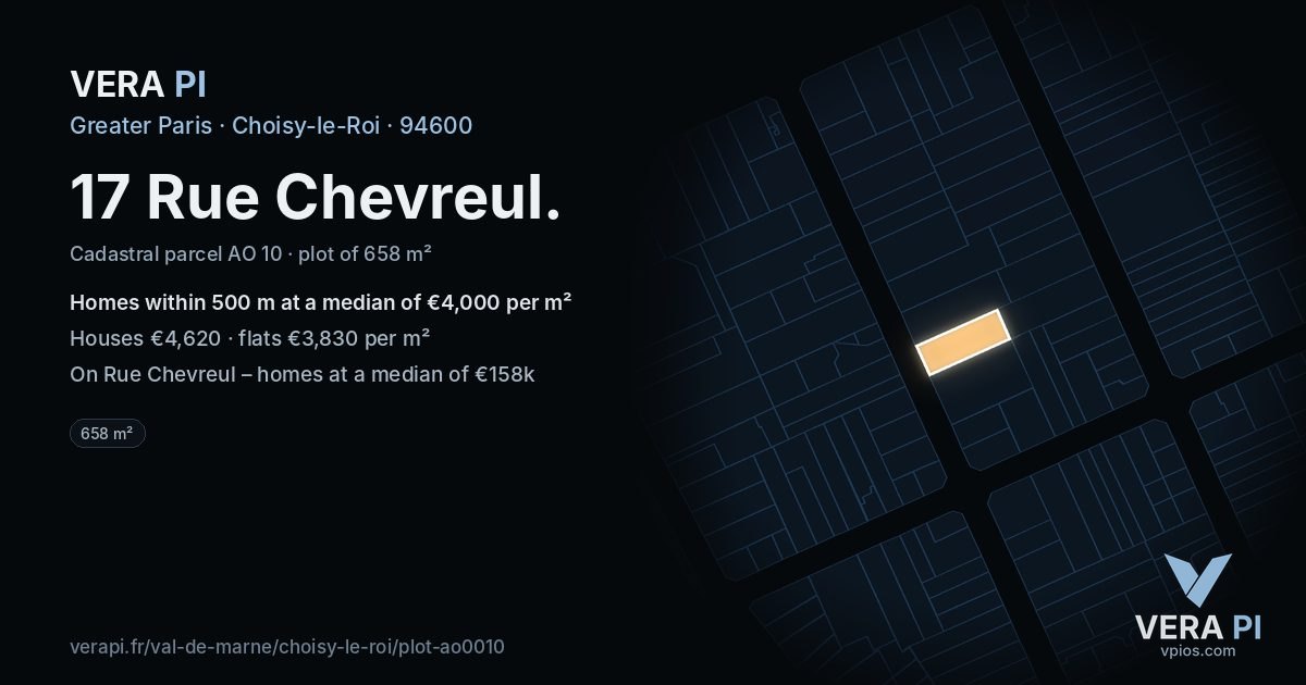 17 Rue Chevreul, Choisy-le-Roi at night – the plot lit, the parcels around coloured by the prices near them