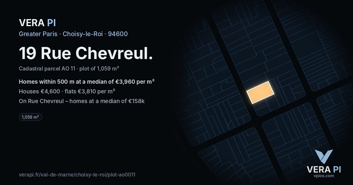 19 Rue Chevreul, Choisy-le-Roi at night – the plot lit, the parcels around coloured by the prices near them