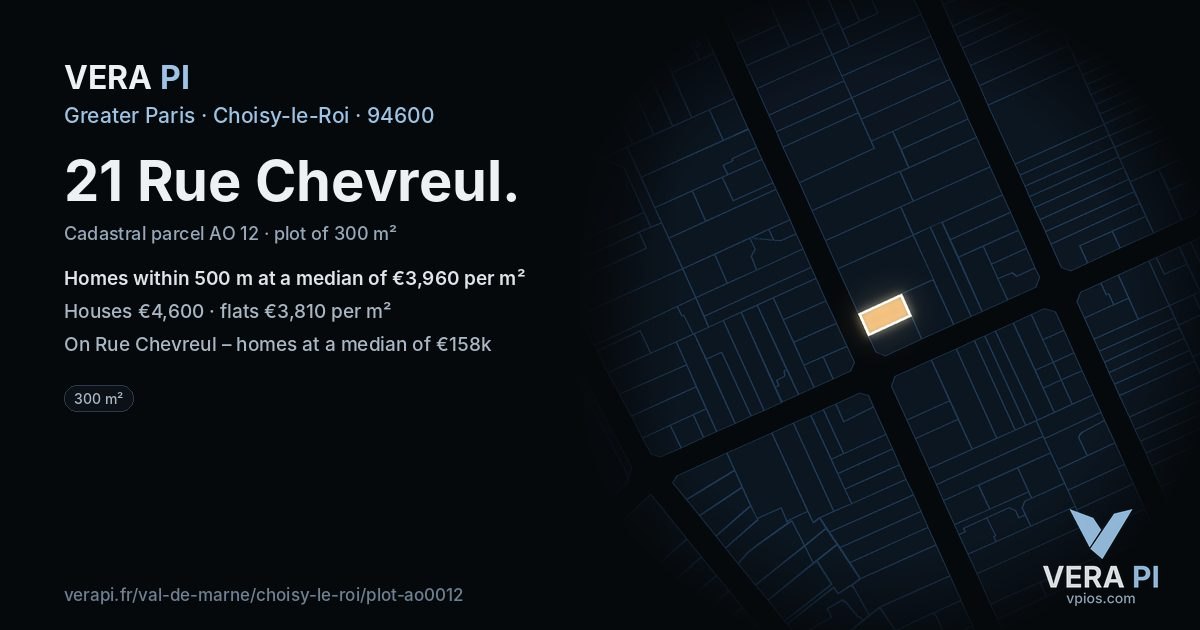 21 Rue Chevreul, Choisy-le-Roi at night – the plot lit, the parcels around coloured by the prices near them