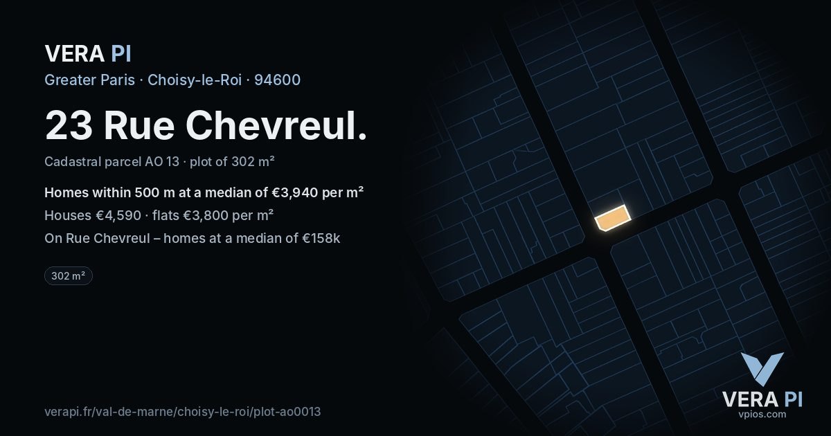 23 Rue Chevreul, Choisy-le-Roi at night – the plot lit, the parcels around coloured by the prices near them