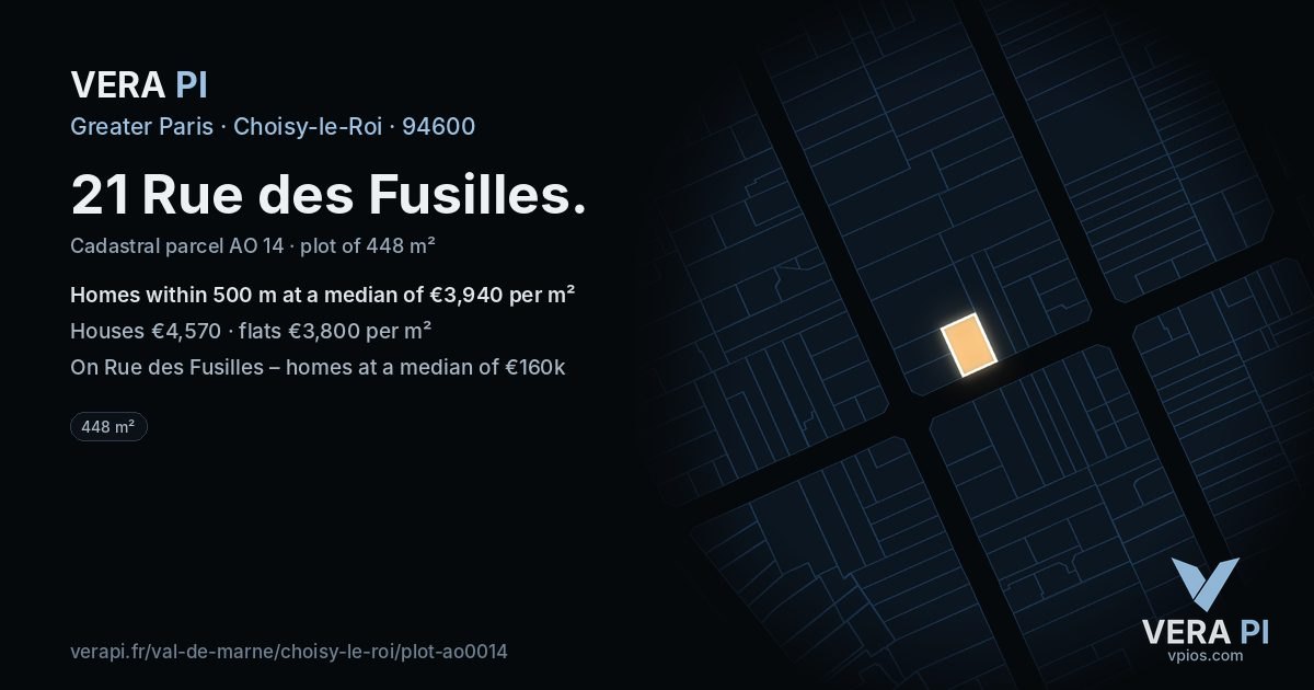 21 Rue des Fusilles, Choisy-le-Roi at night – the plot lit, the parcels around coloured by the prices near them