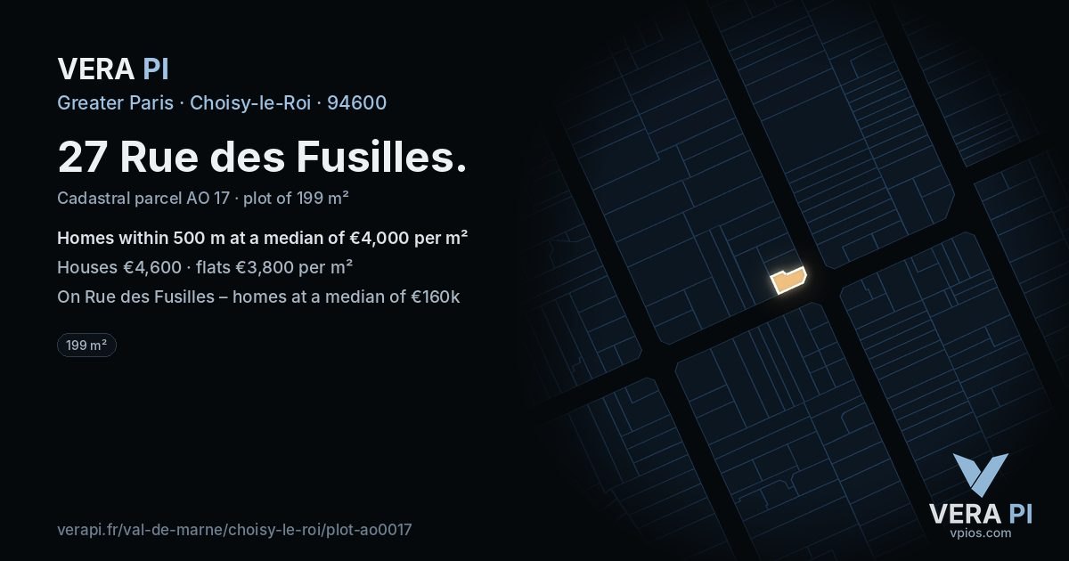 27 Rue des Fusilles, Choisy-le-Roi at night – the plot lit, the parcels around coloured by the prices near them
