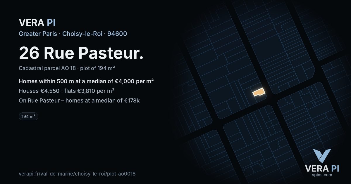 26 Rue Pasteur, Choisy-le-Roi at night – the plot lit, the parcels around coloured by the prices near them