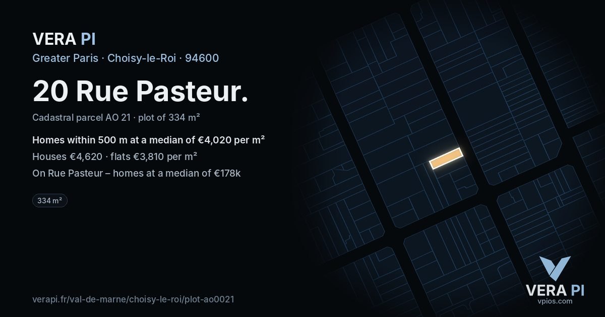 20 Rue Pasteur, Choisy-le-Roi at night – the plot lit, the parcels around coloured by the prices near them
