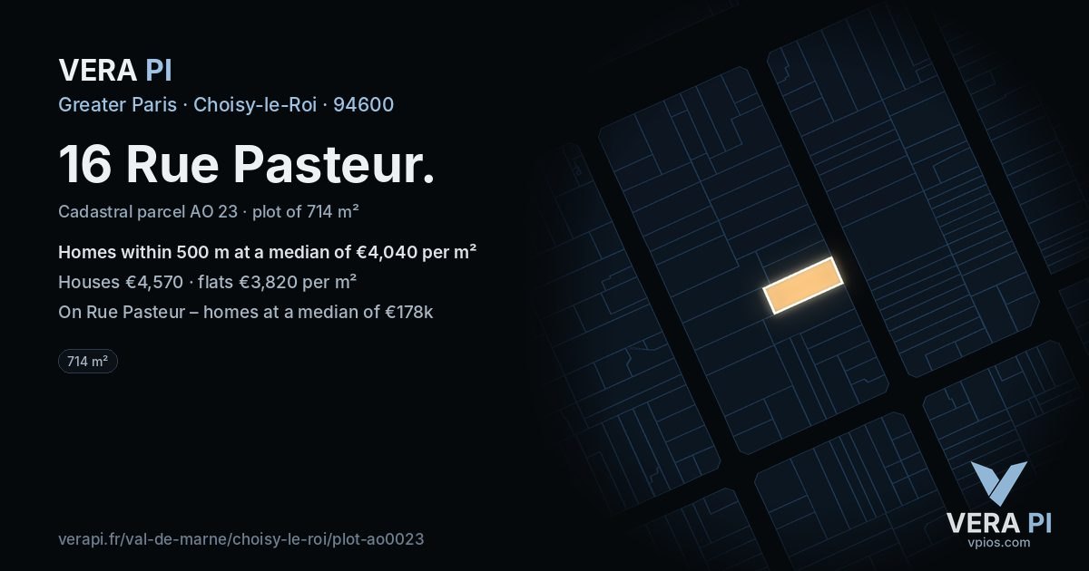 16 Rue Pasteur, Choisy-le-Roi at night – the plot lit, the parcels around coloured by the prices near them