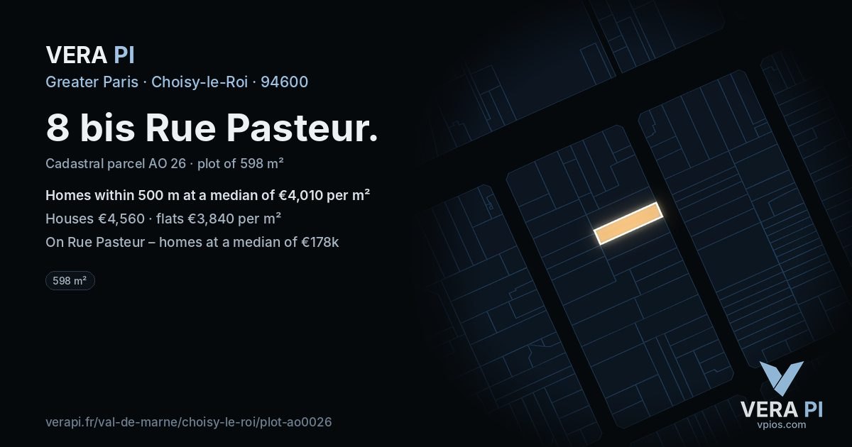 8 bis Rue Pasteur, Choisy-le-Roi at night – the plot lit, the parcels around coloured by the prices near them