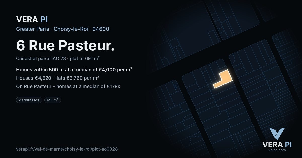 6 Rue Pasteur, Choisy-le-Roi at night – the plot lit, the parcels around coloured by the prices near them