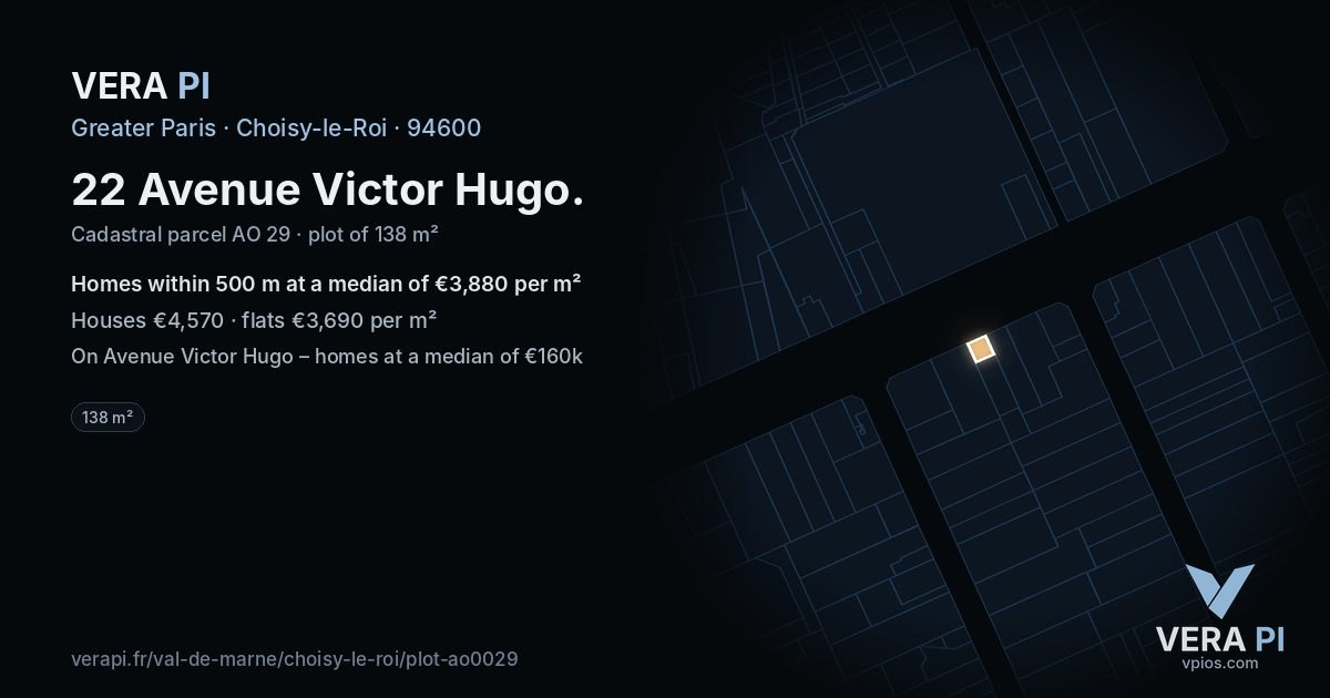 22 Avenue Victor Hugo, Choisy-le-Roi at night – the plot lit, the parcels around coloured by the prices near them