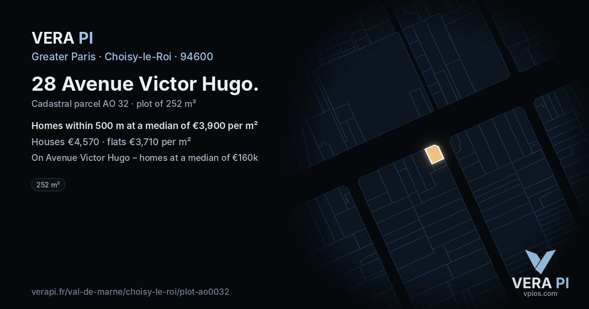 28 Avenue Victor Hugo, Choisy-le-Roi at night – the plot lit, the parcels around coloured by the prices near them