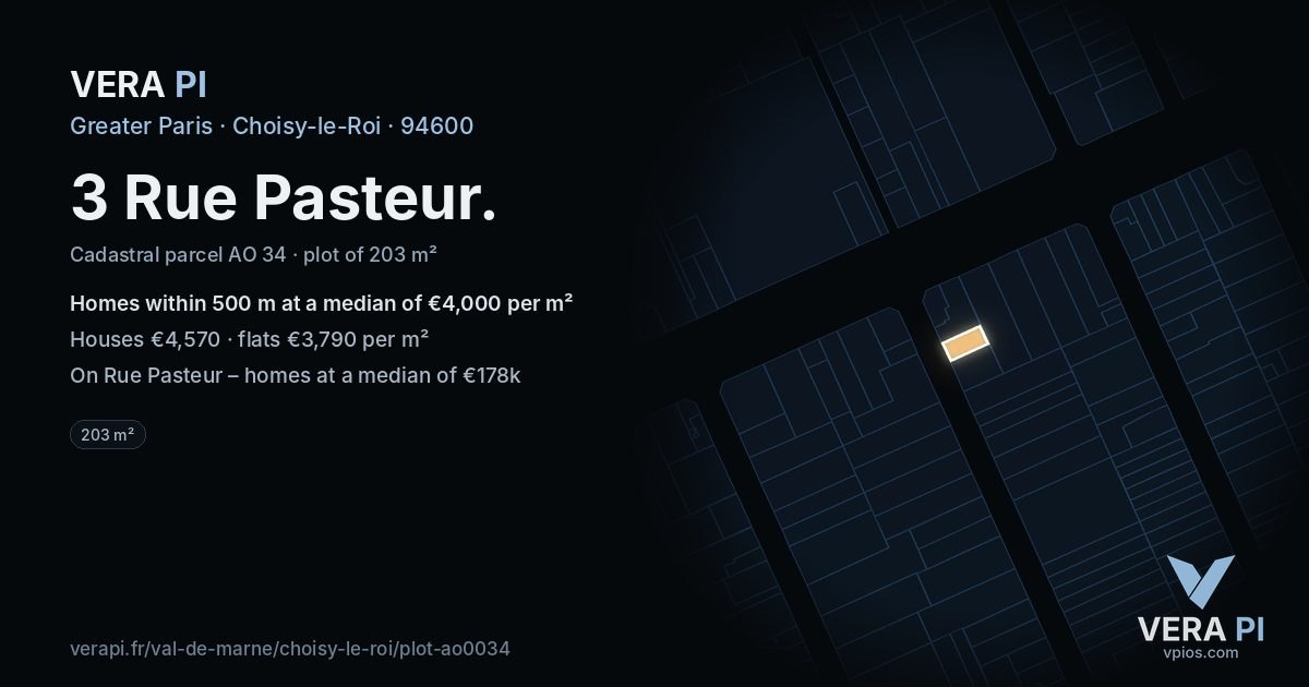 3 Rue Pasteur, Choisy-le-Roi at night – the plot lit, the parcels around coloured by the prices near them