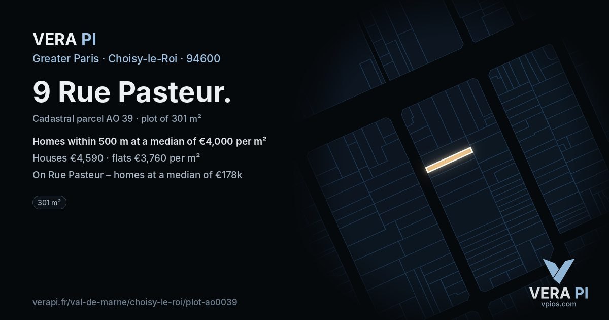 9 Rue Pasteur, Choisy-le-Roi at night – the plot lit, the parcels around coloured by the prices near them