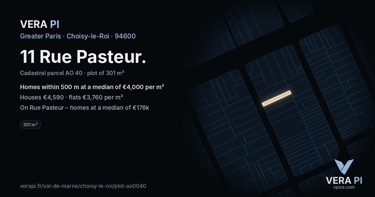 11 Rue Pasteur, Choisy-le-Roi at night – the plot lit, the parcels around coloured by the prices near them