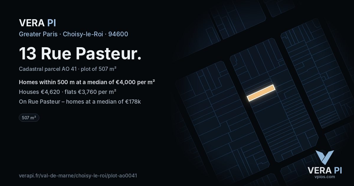 13 Rue Pasteur, Choisy-le-Roi at night – the plot lit, the parcels around coloured by the prices near them
