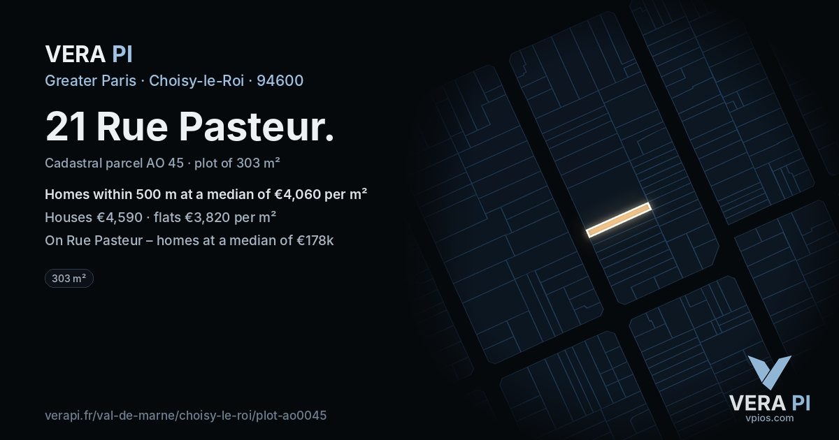 21 Rue Pasteur, Choisy-le-Roi at night – the plot lit, the parcels around coloured by the prices near them
