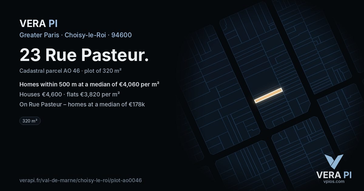 23 Rue Pasteur, Choisy-le-Roi at night – the plot lit, the parcels around coloured by the prices near them
