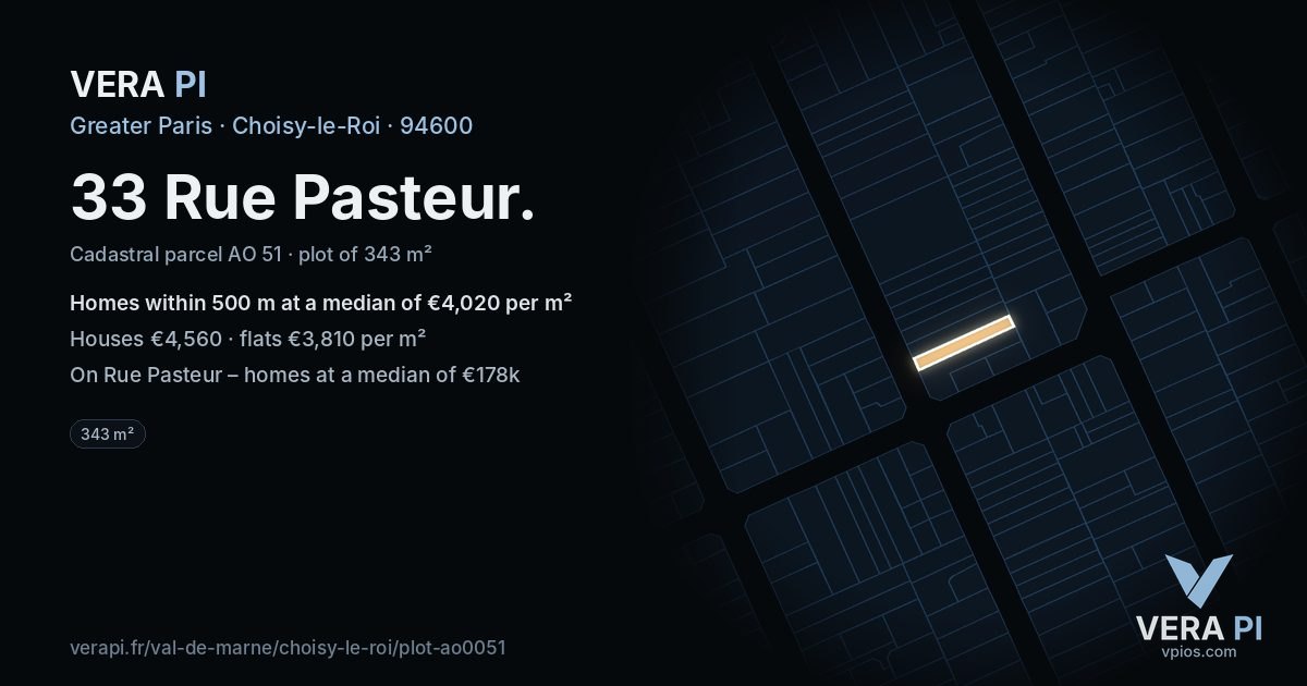 33 Rue Pasteur, Choisy-le-Roi at night – the plot lit, the parcels around coloured by the prices near them